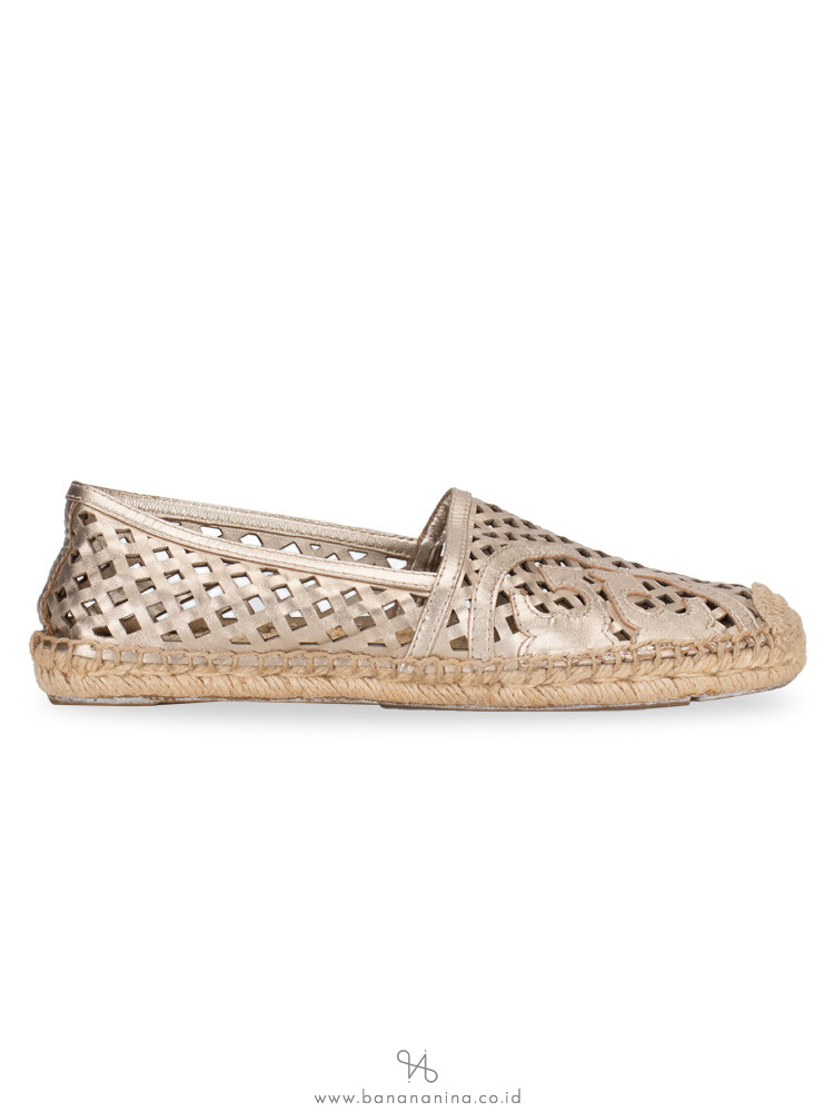 TORY BURCH Thatched Perforated Logo Espadrilles Gold Sz 8