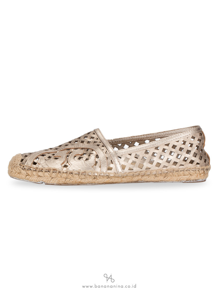 TORY BURCH Thatched Perforated Logo Espadrilles Gold Sz 8