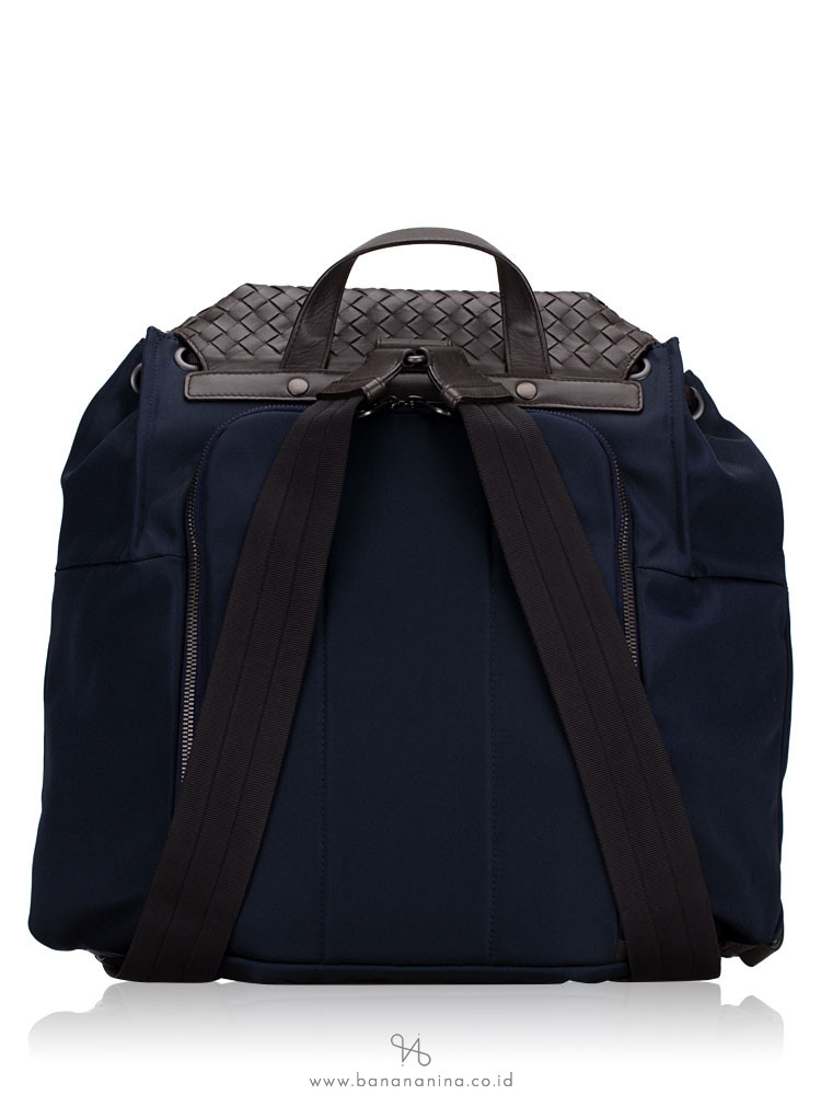 BOTTEGA VENETA Canvas and Intrecciato Nappa Backpack Tourmaline Espresso