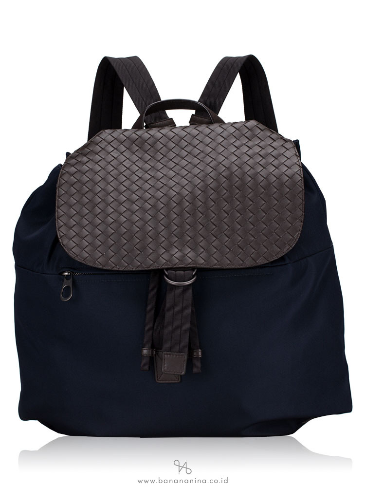 BOTTEGA VENETA Canvas and Intrecciato Nappa Backpack Tourmaline Espresso
