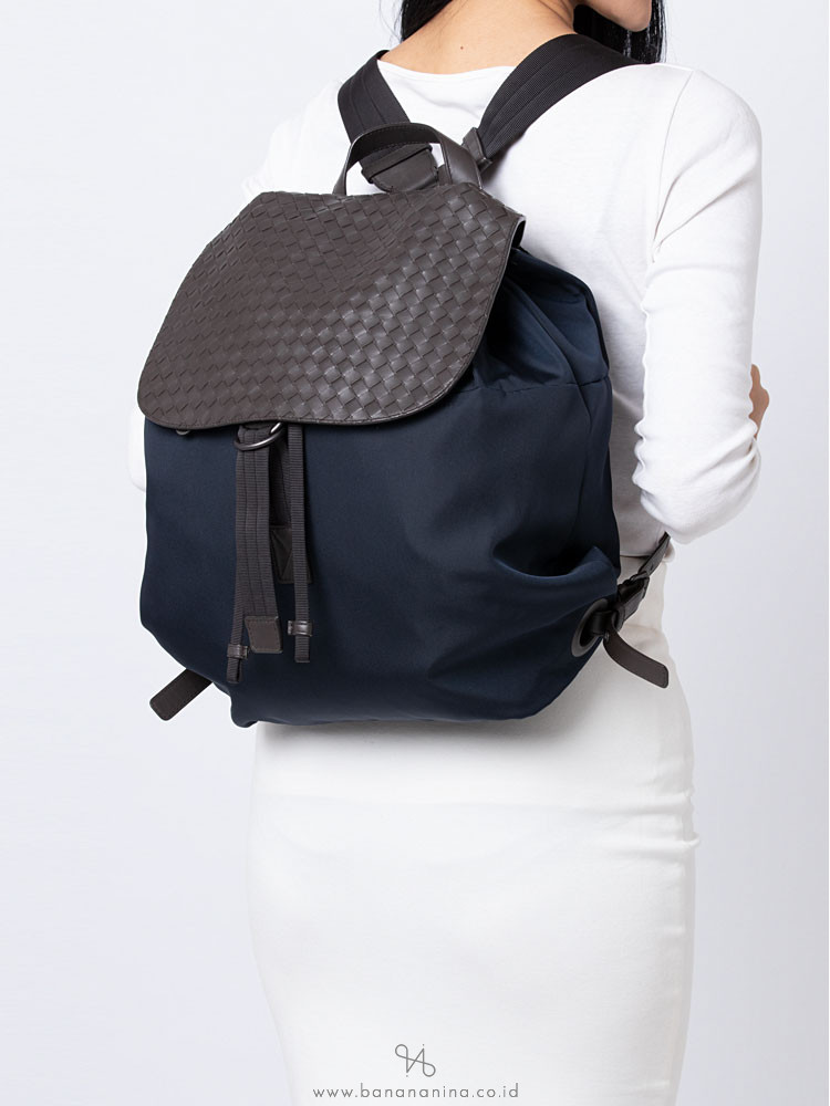 BOTTEGA VENETA Canvas and Intrecciato Nappa Backpack Tourmaline Espresso