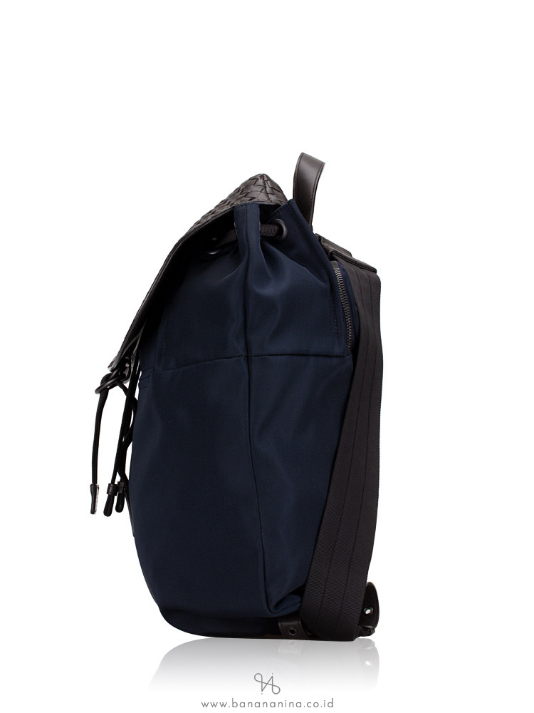BOTTEGA VENETA Canvas and Intrecciato Nappa Backpack Tourmaline Espresso