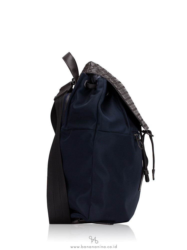 BOTTEGA VENETA Canvas and Intrecciato Nappa Backpack Tourmaline Espresso