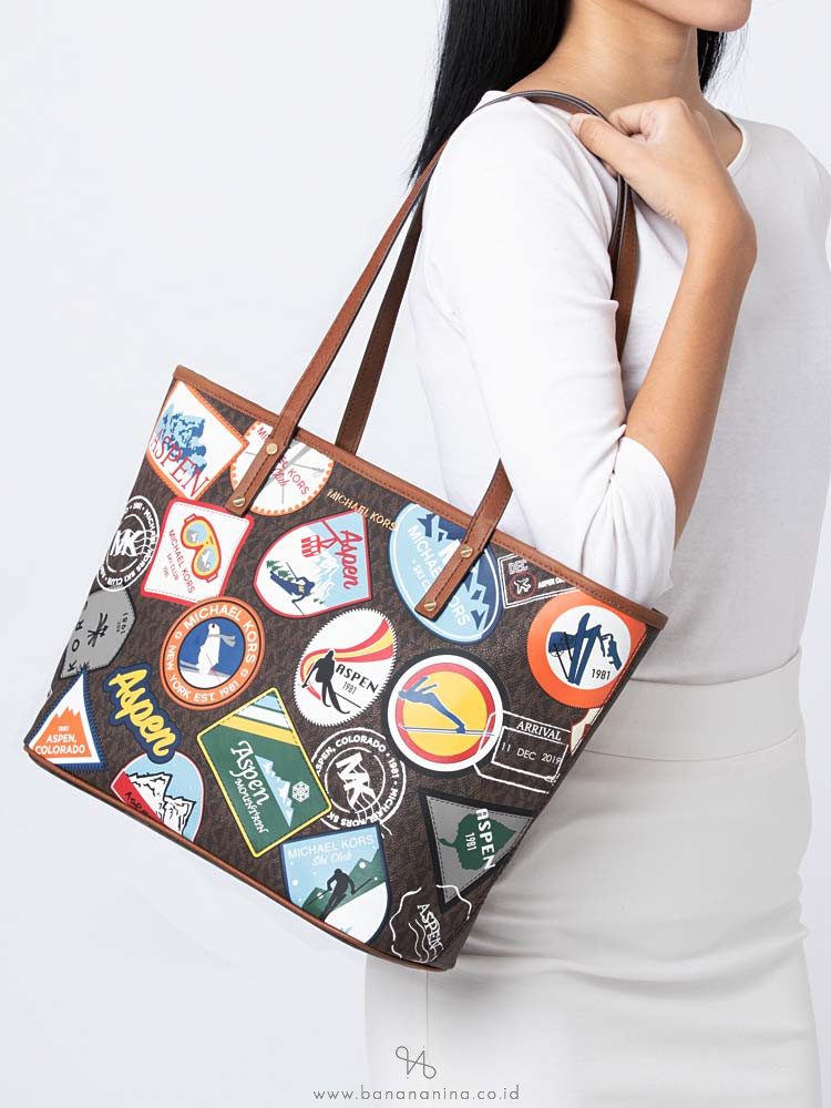 MICHAEL KORS Signature Aspen Jet Set Medium Top Zip Tote Brown Multi