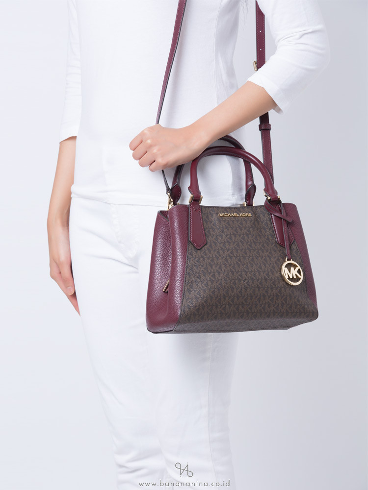 MICHAEL KORS Kimberly Signature Small Leather Satchel Merlot Multi