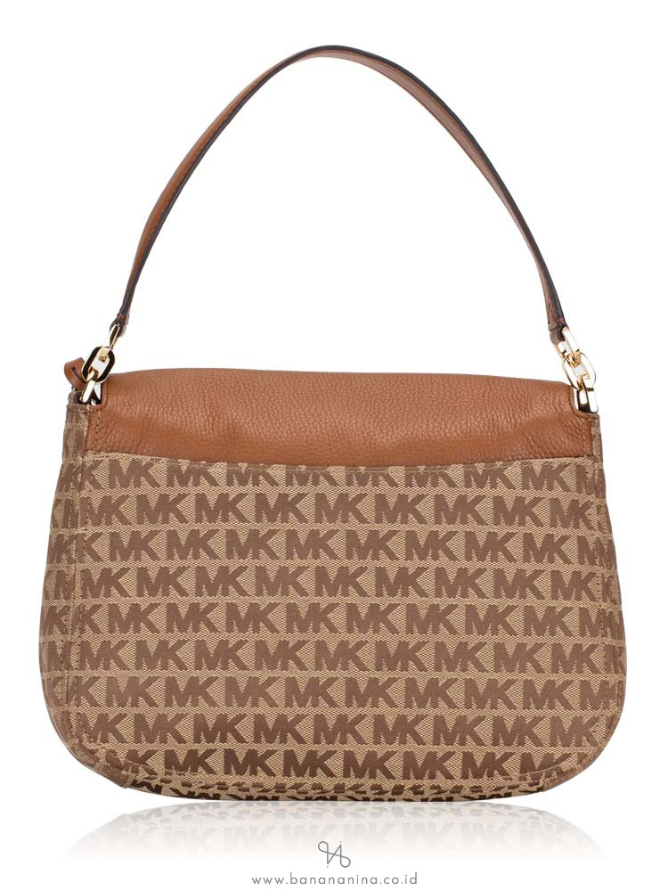 MICHAEL KORS Bedford Signature & Leather Medium Shoulder Flap Beige Ebony