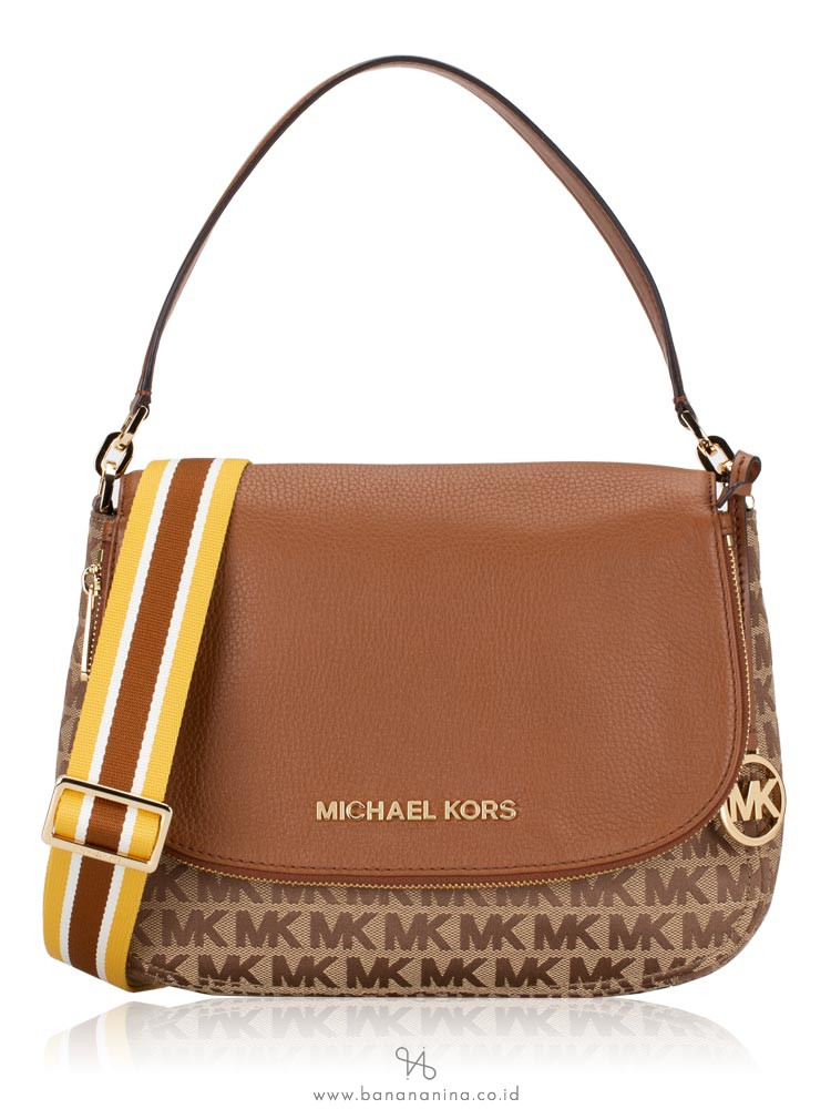 MICHAEL KORS Bedford Signature & Leather Medium Shoulder Flap Beige Ebony