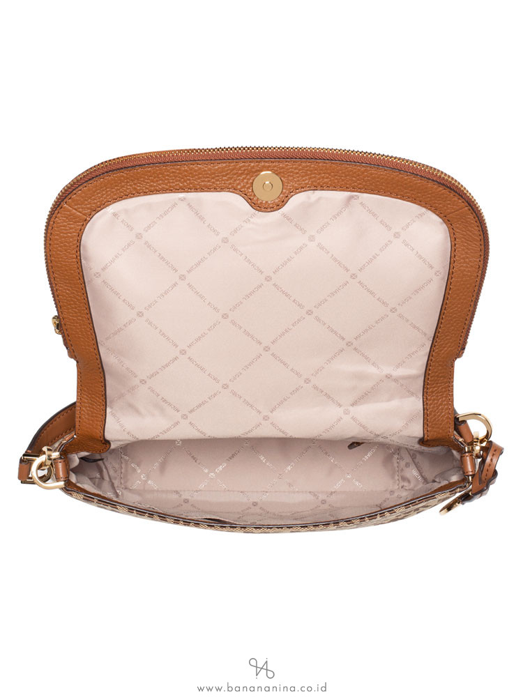 MICHAEL KORS Bedford Signature & Leather Medium Shoulder Flap Beige Ebony