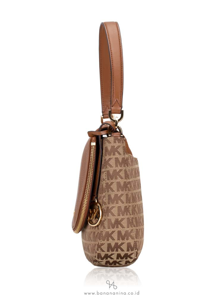 MICHAEL KORS Bedford Signature & Leather Medium Shoulder Flap Beige Ebony