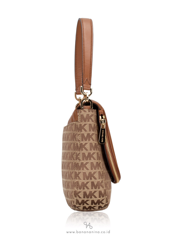 MICHAEL KORS Bedford Signature & Leather Medium Shoulder Flap Beige Ebony