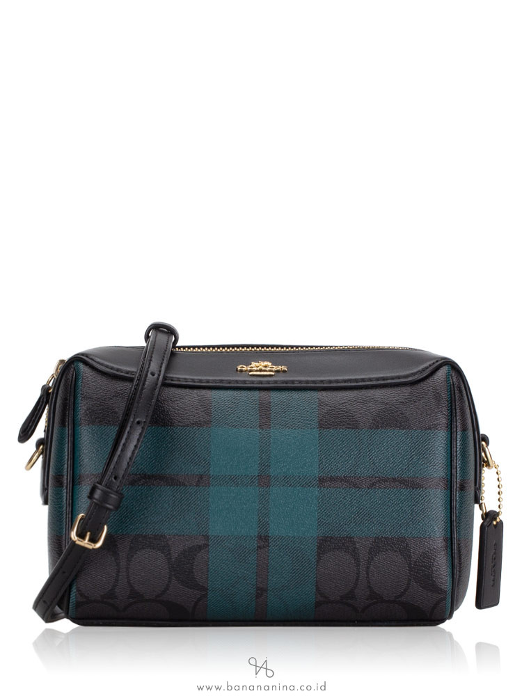 COACH 80068 Signature Field Plaid Print Mini Bennet Crossbody Black Deep Ocean