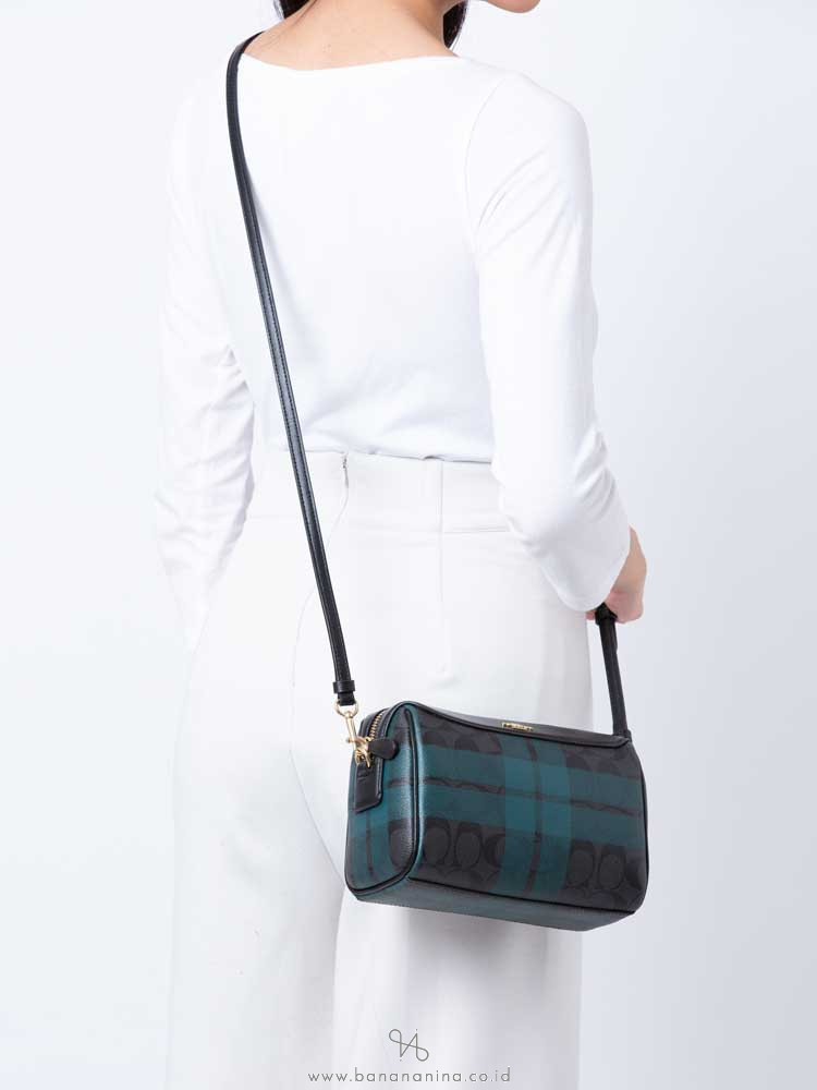 COACH 80068 Signature Field Plaid Print Mini Bennet Crossbody Black Deep Ocean
