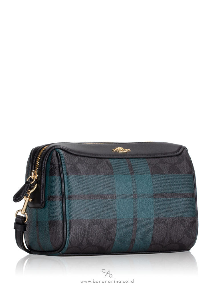 COACH 80068 Signature Field Plaid Print Mini Bennet Crossbody Black Deep Ocean