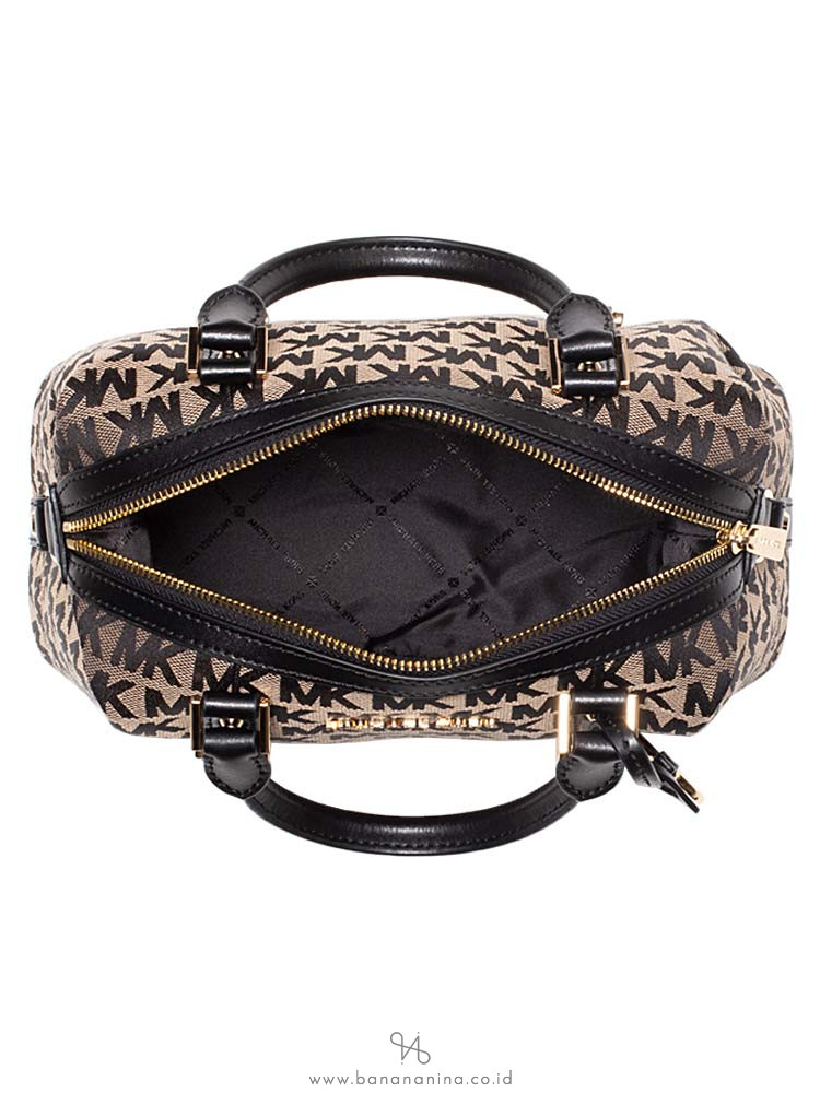 MICHAEL KORS Ginger Monogram Small Duffle Satchel Beige Black