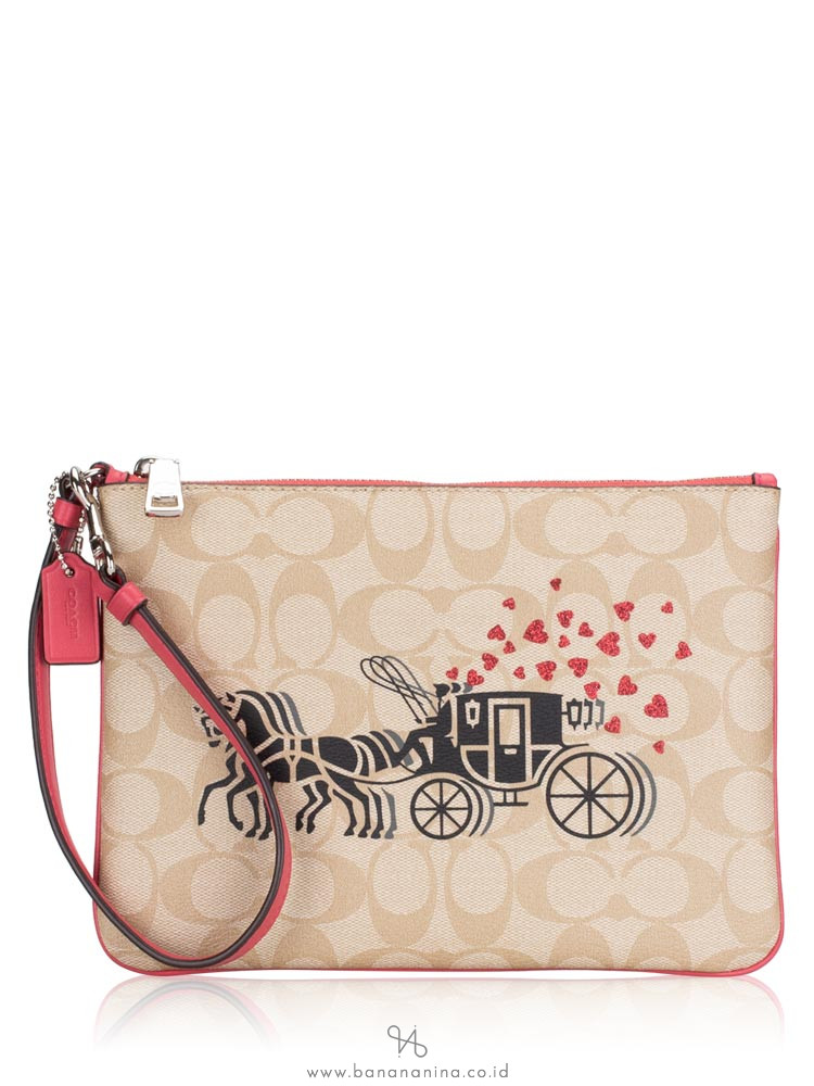 COACH 91543 Signature Horse Carriage Hearts Gallery Pouch Light Khaki Poppy