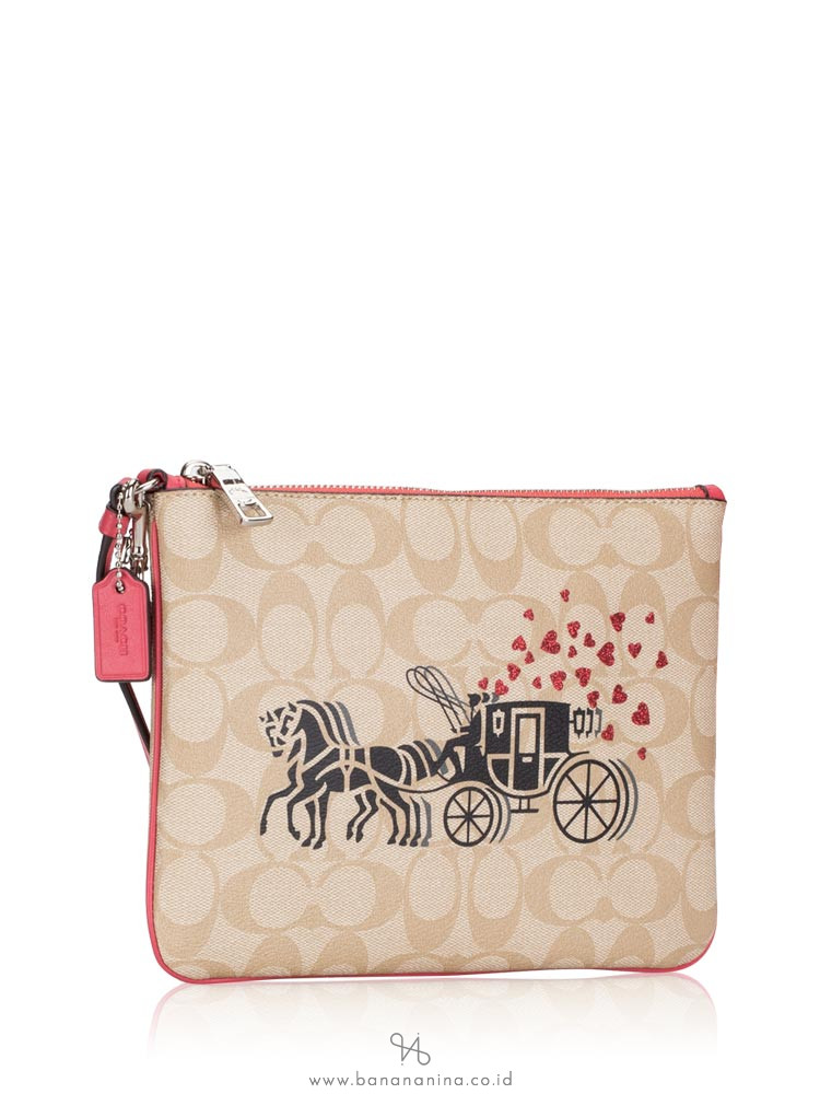 COACH 91543 Signature Horse Carriage Hearts Gallery Pouch Light Khaki Poppy