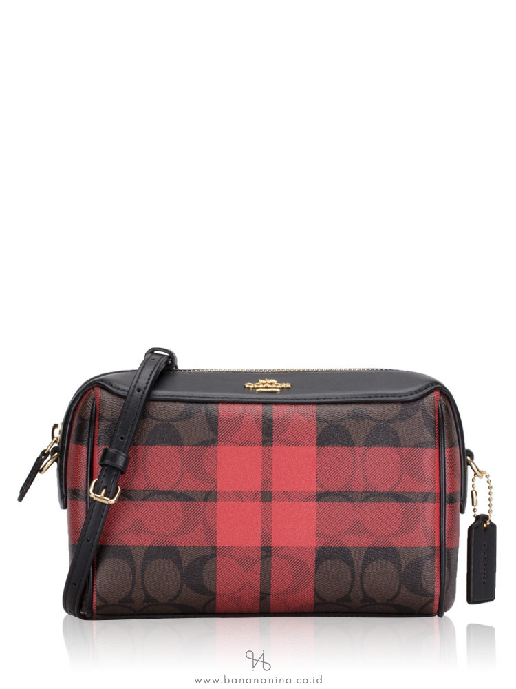 COACH 80068 Signature Field Plaid Print Mini Bennet Crossbody Brown True Red