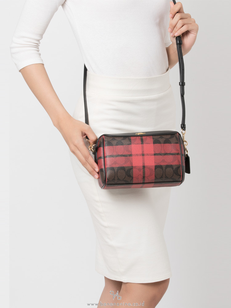 COACH 80068 Signature Field Plaid Print Mini Bennet Crossbody Brown True Red