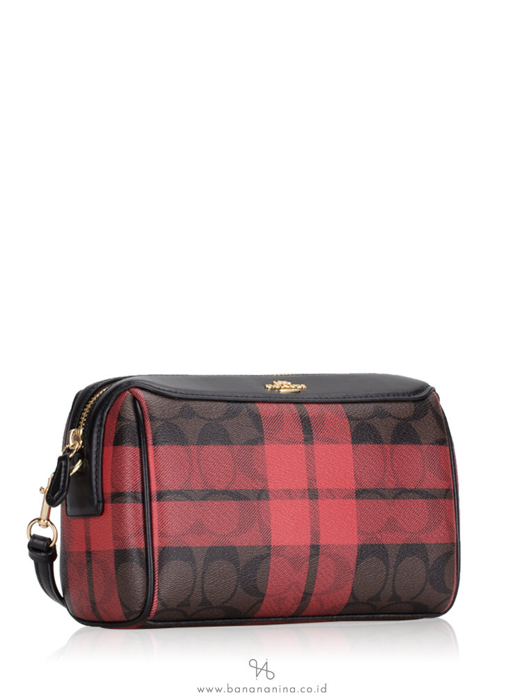 COACH 80068 Signature Field Plaid Print Mini Bennet Crossbody Brown True Red