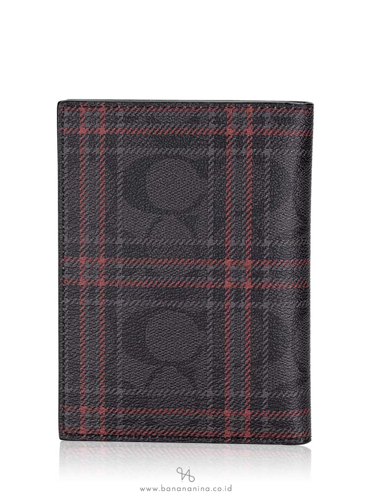 COACH Men 79842 Signature Shirting Plaid Passport Case Luggage Tag Set Black Red