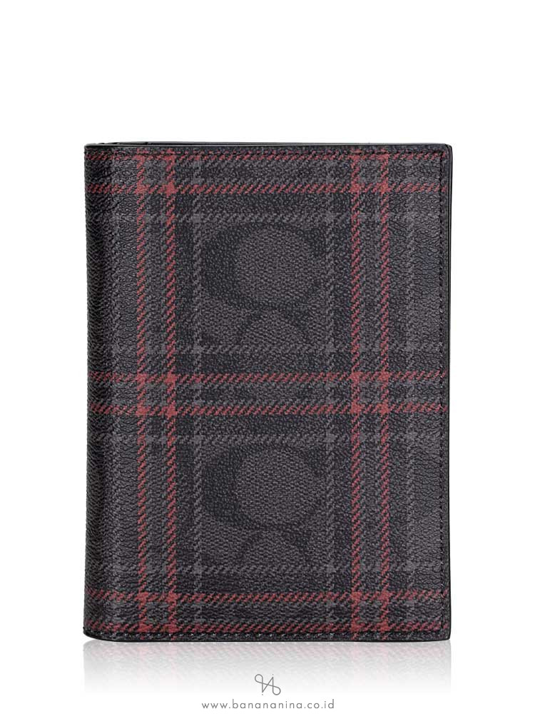 COACH Men 79842 Signature Shirting Plaid Passport Case Luggage Tag Set Black Red