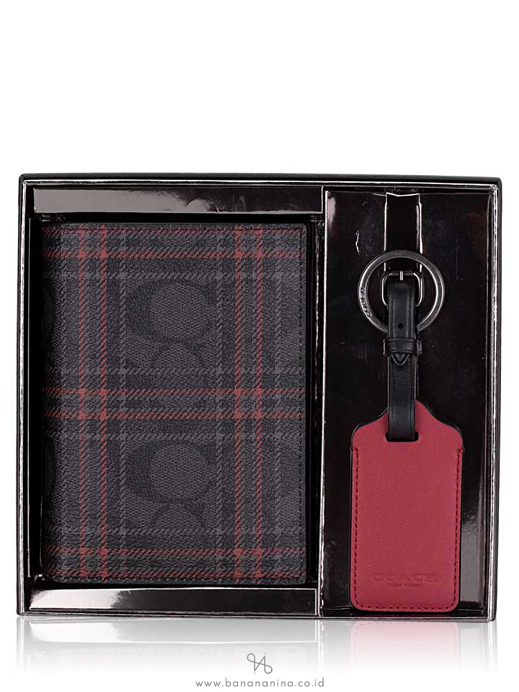 COACH Men 79842 Signature Shirting Plaid Passport Case Luggage Tag Set Black Red
