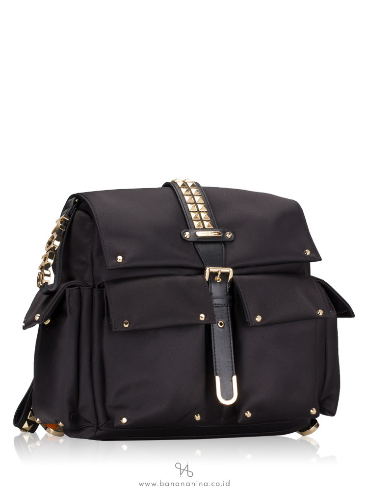 MICHAEL KORS Olivia Satin Studded Medium Flap Backpack Black