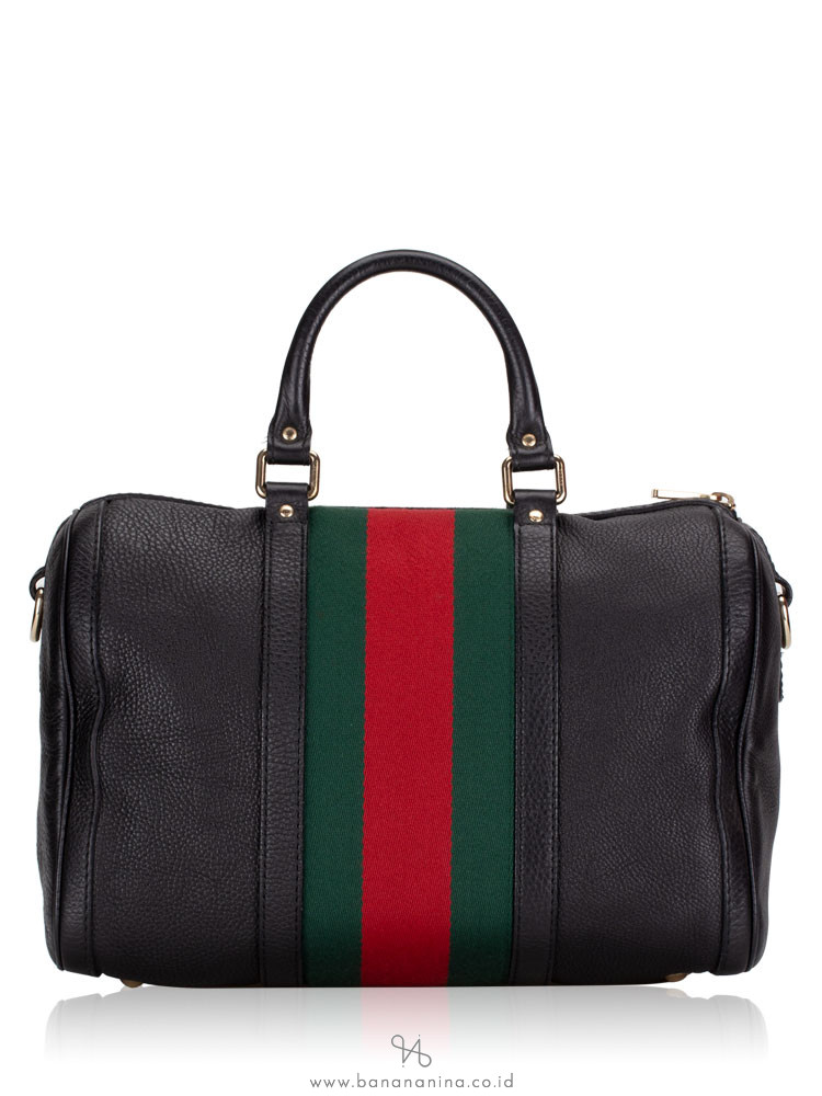 Gucci Leather Vintage Web Medium Boston Bag with Strap Black