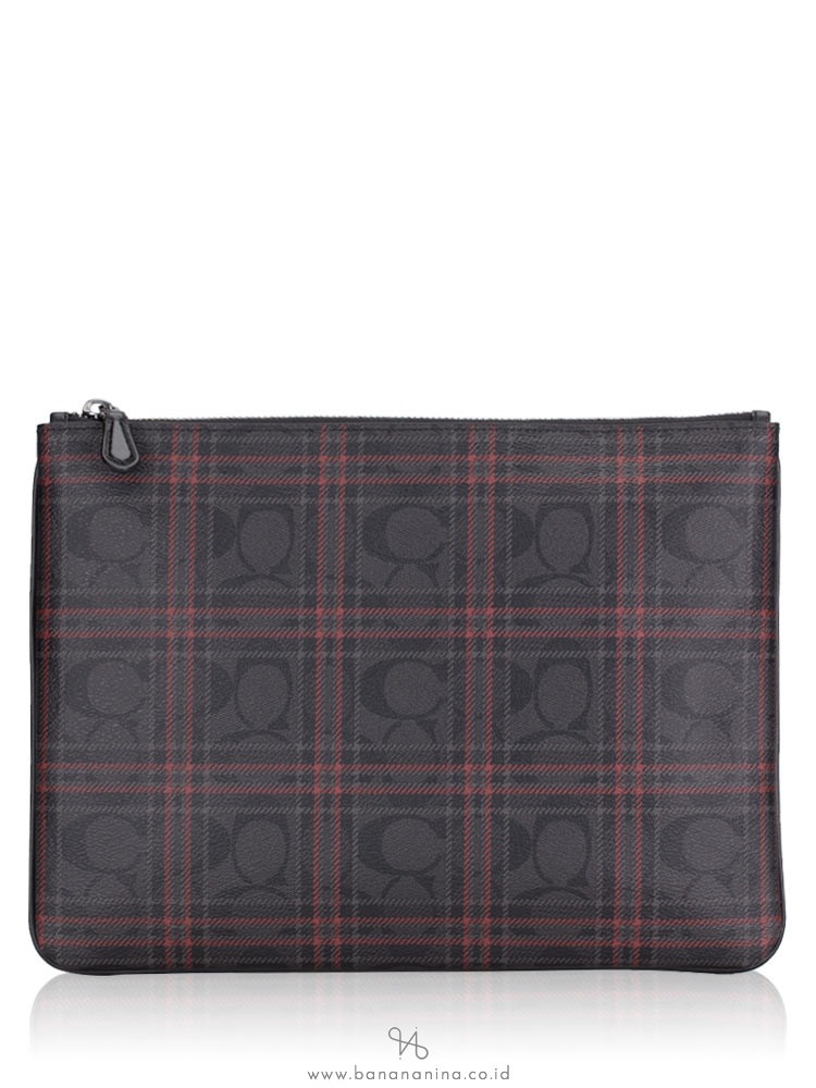 COACH 86111 Signature Shirting Plaid Print Large Pouch Black Red