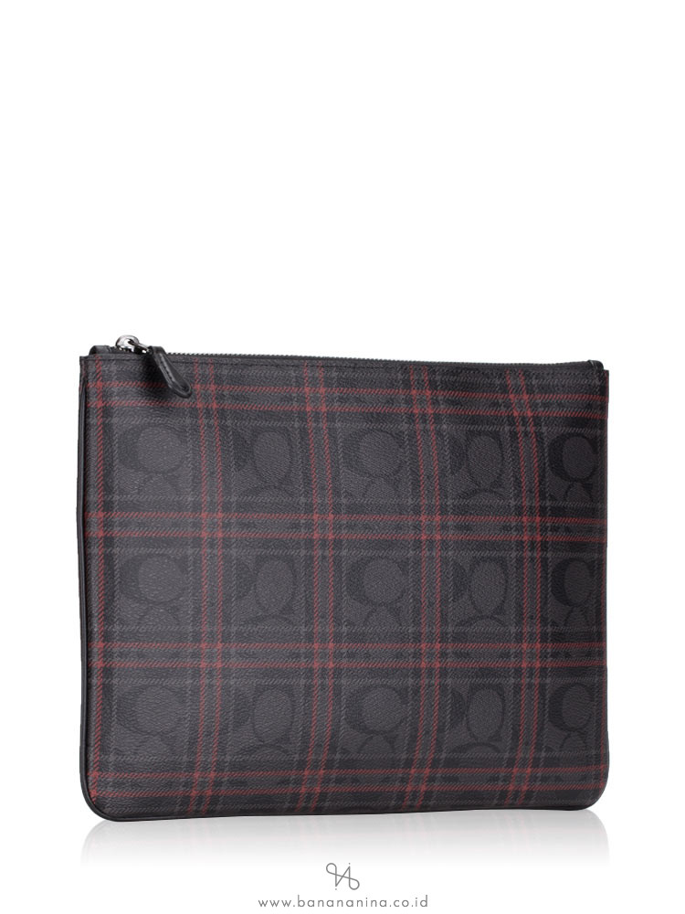 COACH 86111 Signature Shirting Plaid Print Large Pouch Black Red