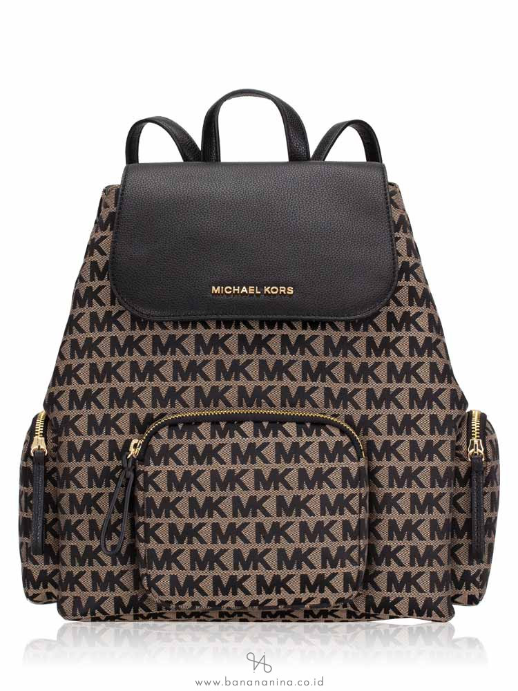 MICHAEL KORS Abbey Monogram Canvas Large Cargo Backpack Beige Black