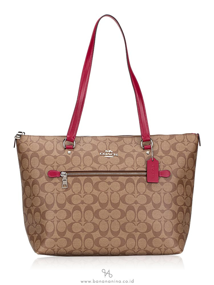 COACH 79609 Signature Gallery Tote Khaki Dark Fuchsia