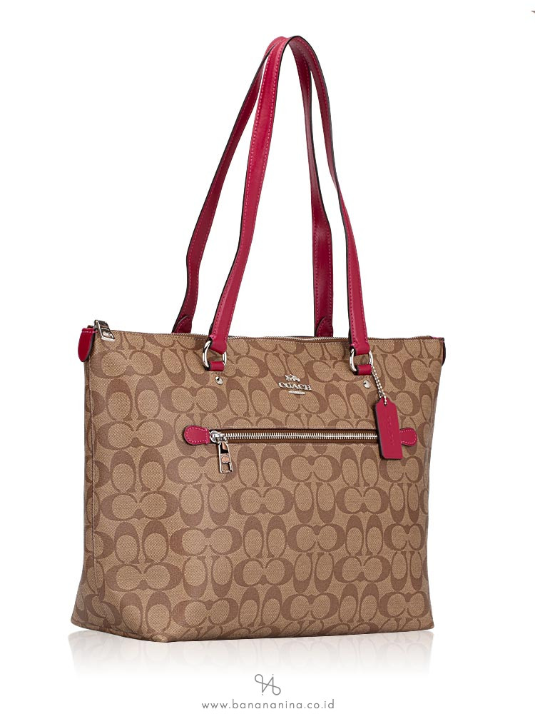 COACH 79609 Signature Gallery Tote Khaki Dark Fuchsia