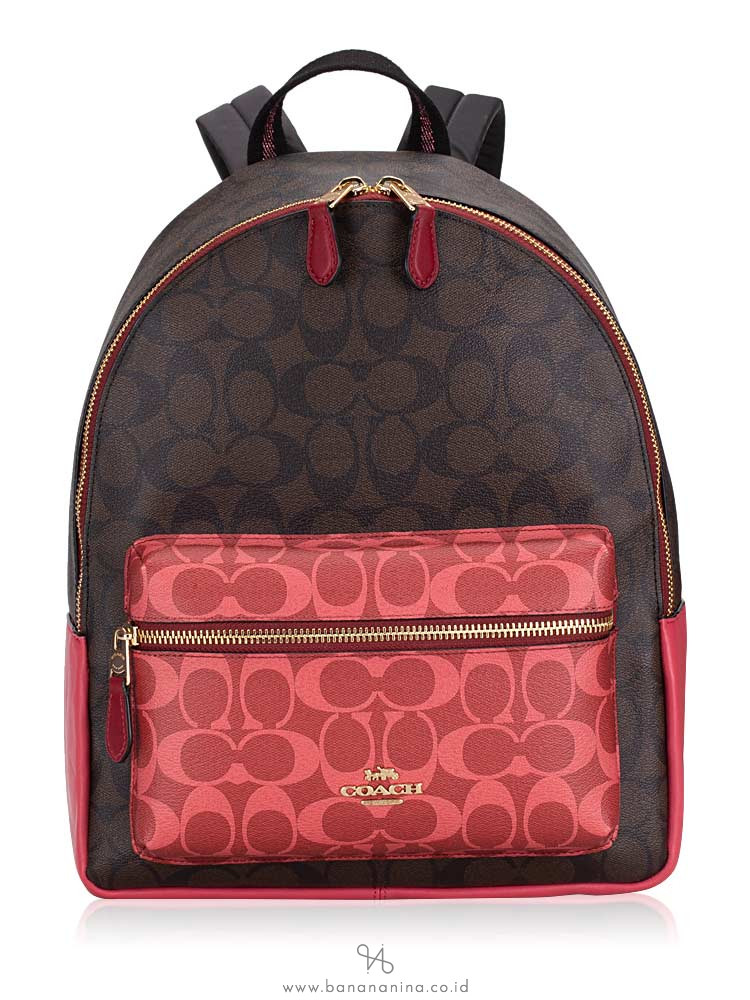 COACH 91074 Signature Blocked Medium Charlie Backpack Brown Multi