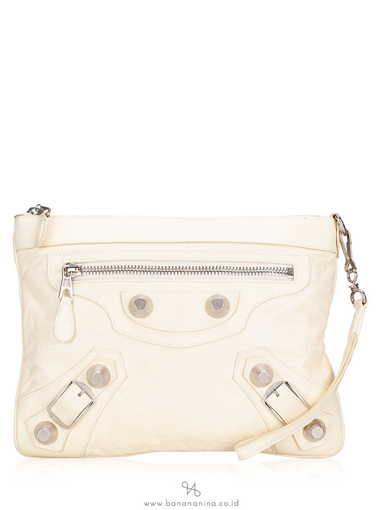 BALENCIAGA Giant Silver Flat Clutch White