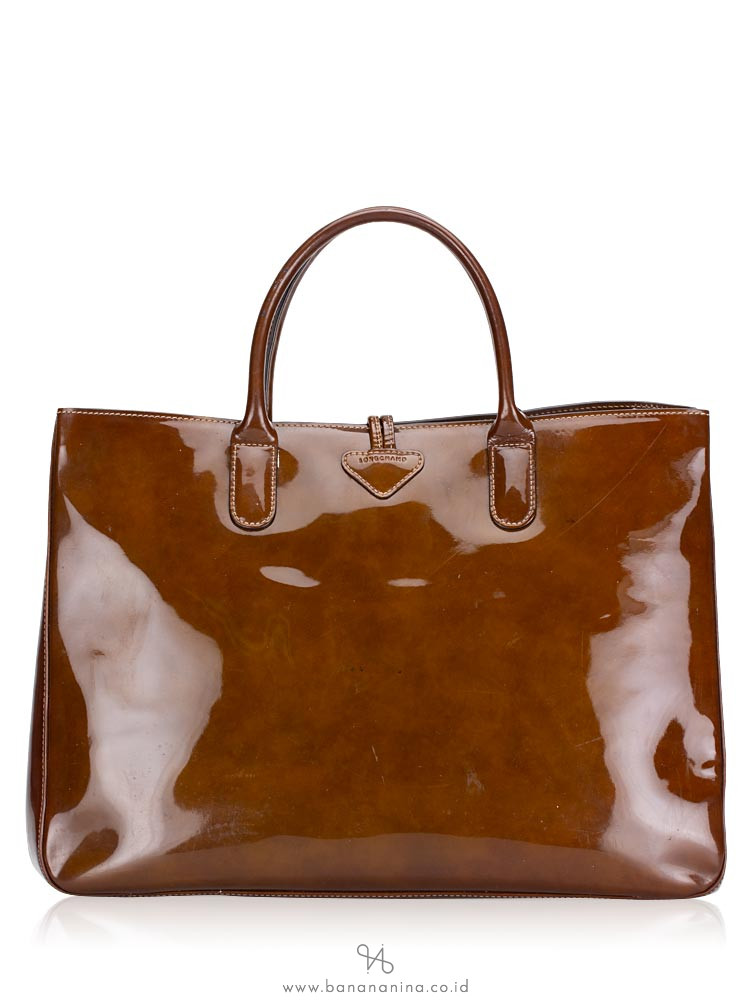 LONGCHAMP Roseau Large Patent Leather Tote Brown