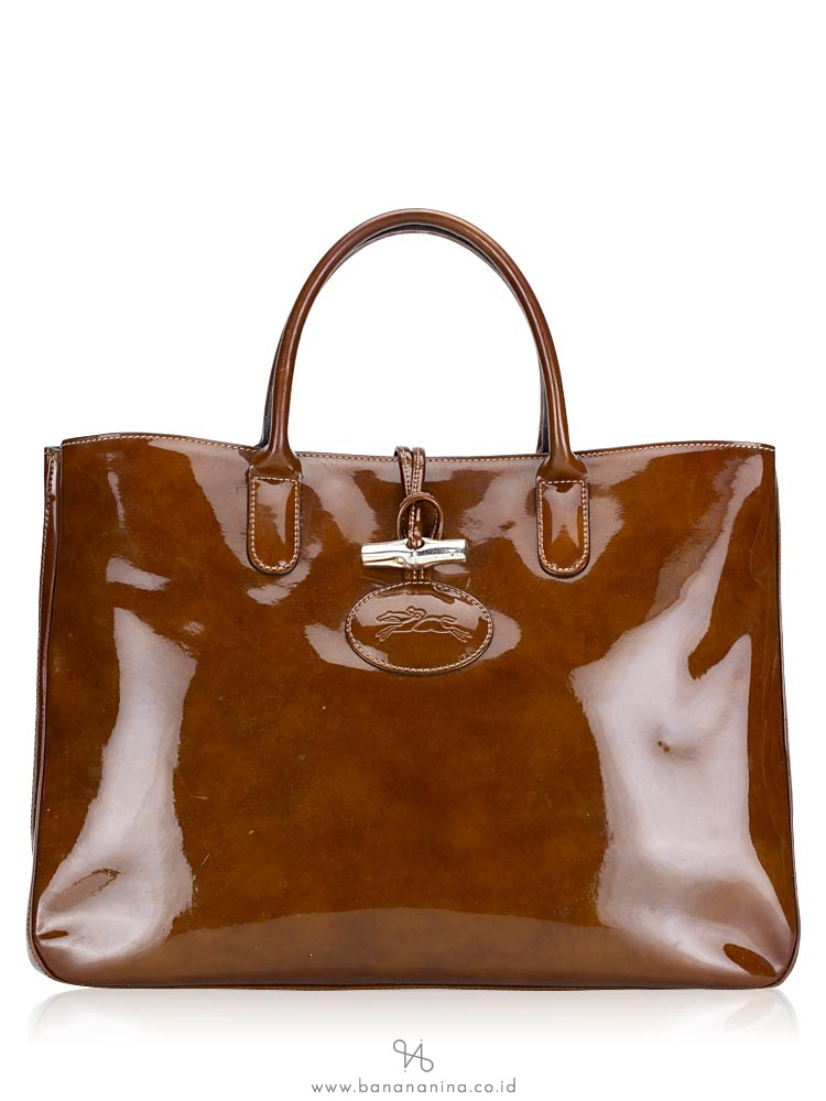 LONGCHAMP Roseau Large Patent Leather Tote Brown