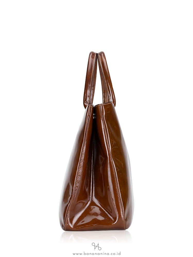 LONGCHAMP Roseau Large Patent Leather Tote Brown