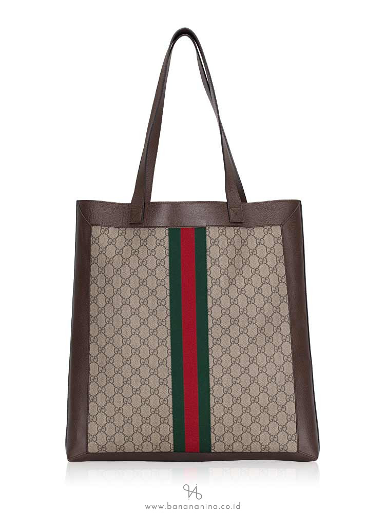 GUCCI GG Supreme Web Large Ophidia Tote Beige Brown