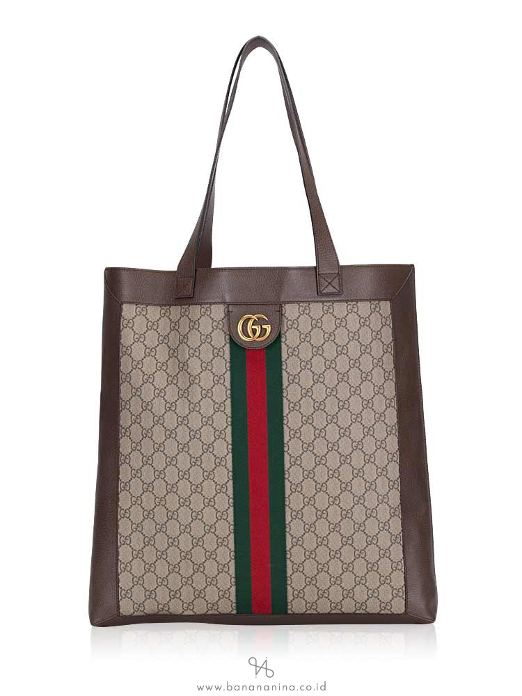 GUCCI GG Supreme Web Large Ophidia Tote Beige Brown