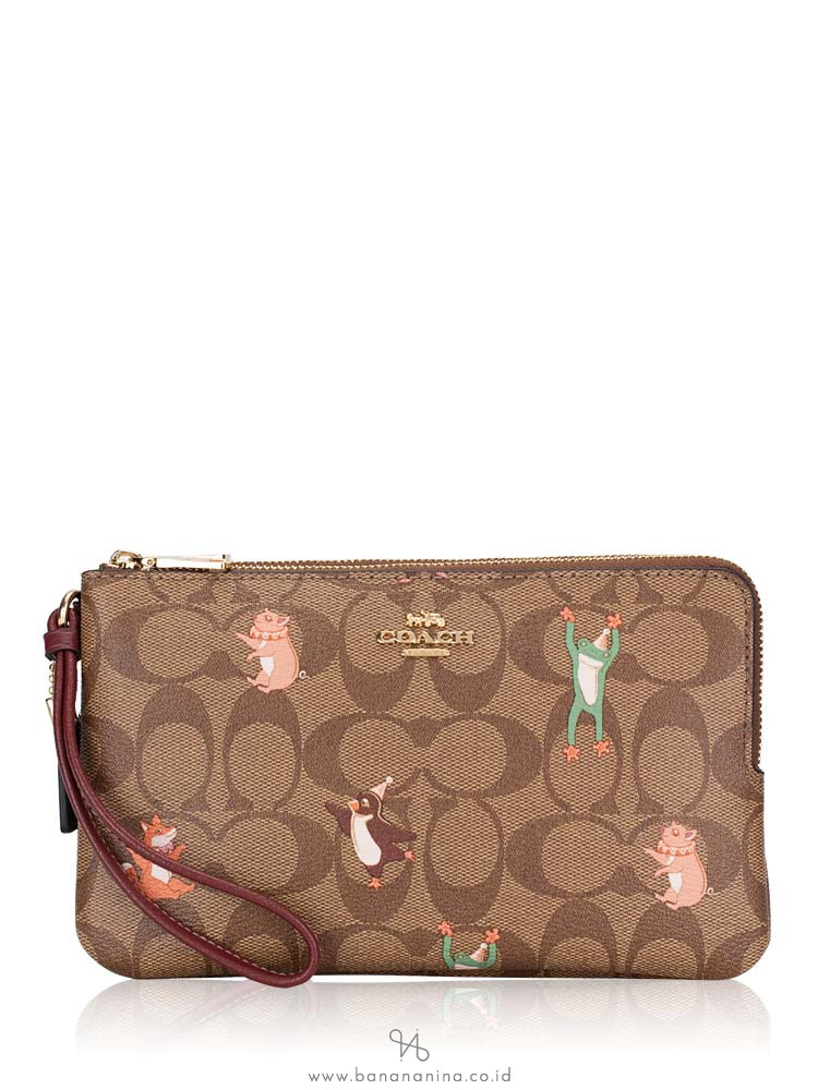 COACH 87910 Signature Party Animal Double Zip Wallet Khaki Pink