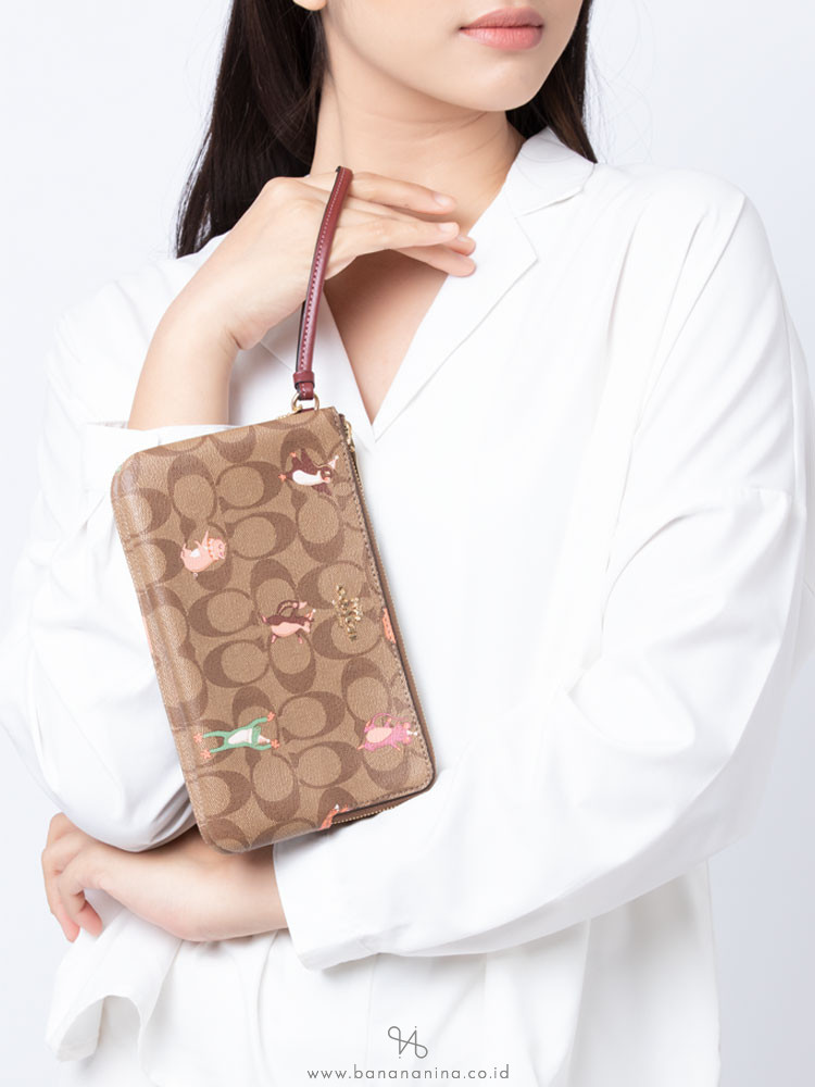 COACH 87910 Signature Party Animal Double Zip Wallet Khaki Pink