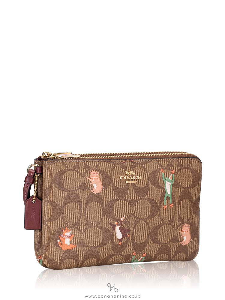 COACH 87910 Signature Party Animal Double Zip Wallet Khaki Pink