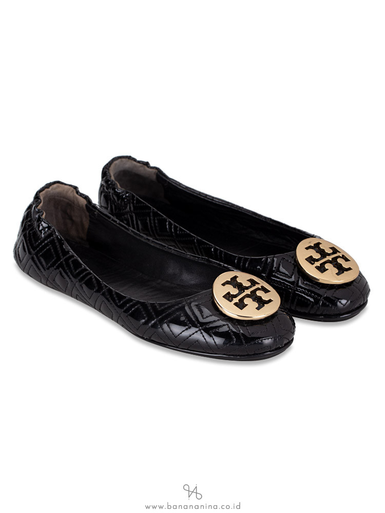 TORY BURCH Marion Quilted Minnie Flats Black Gold Sz 6