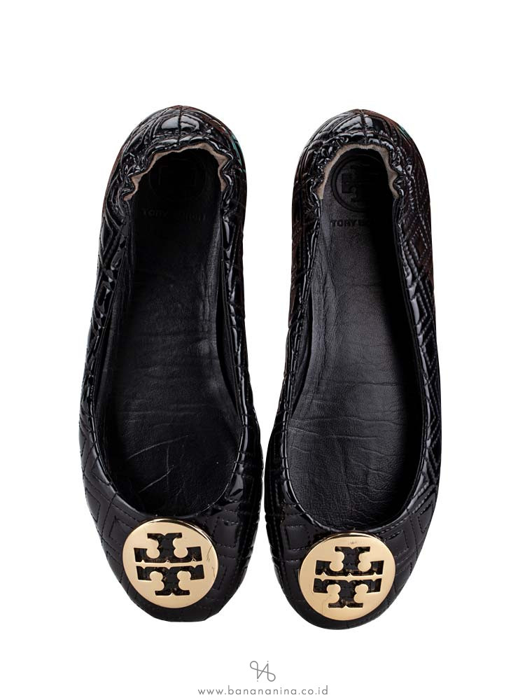 TORY BURCH Marion Quilted Minnie Flats Black Gold Sz 6