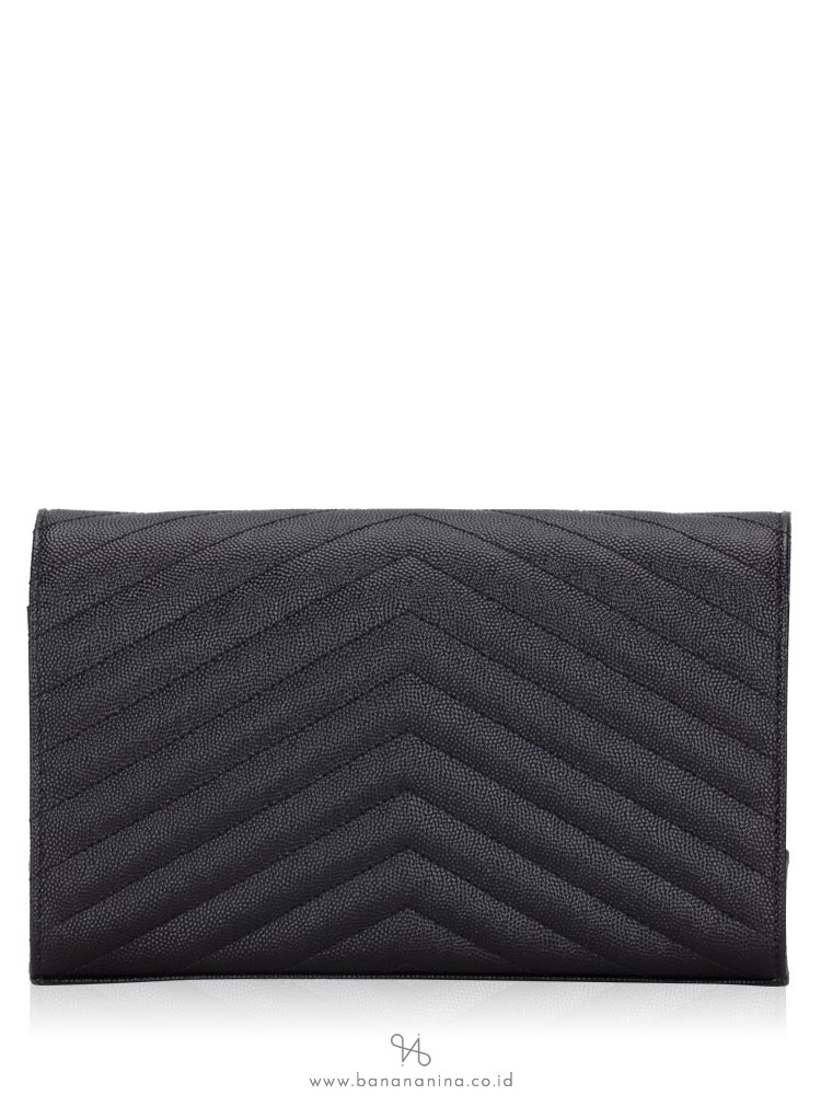 SAINT LAURENT Grain De Poudre Matelasse Monogram Chain Wallet Black Silver