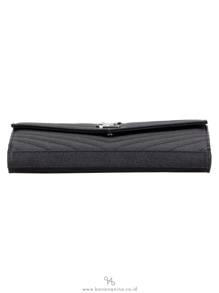 SAINT LAURENT Grain De Poudre Matelasse Monogram Chain Wallet Black Silver
