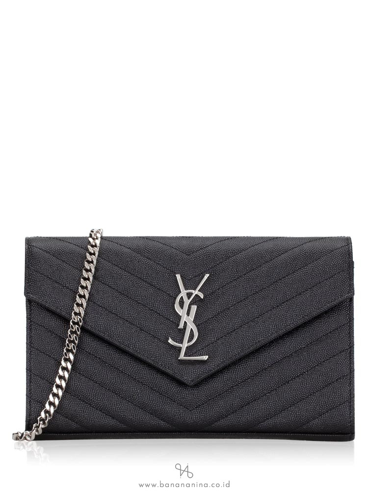 SAINT LAURENT Grain De Poudre Matelasse Monogram Chain Wallet Black Silver