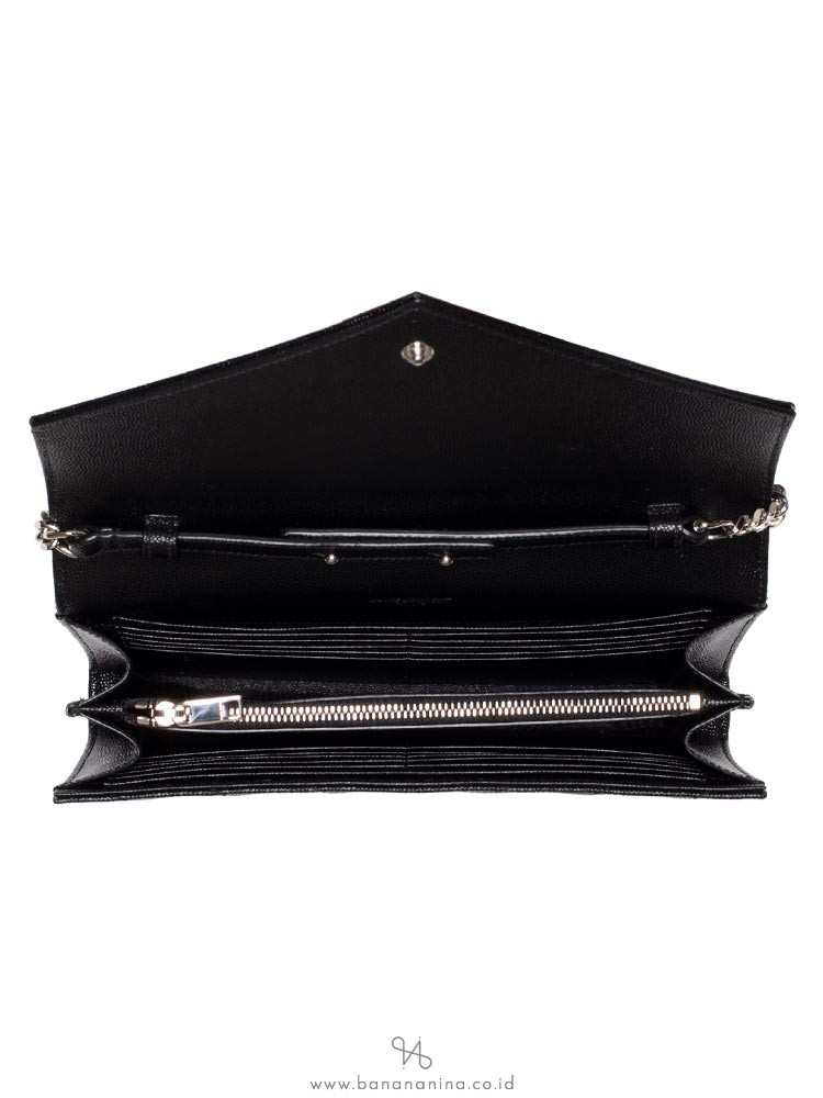 SAINT LAURENT Grain De Poudre Matelasse Monogram Chain Wallet Black Silver