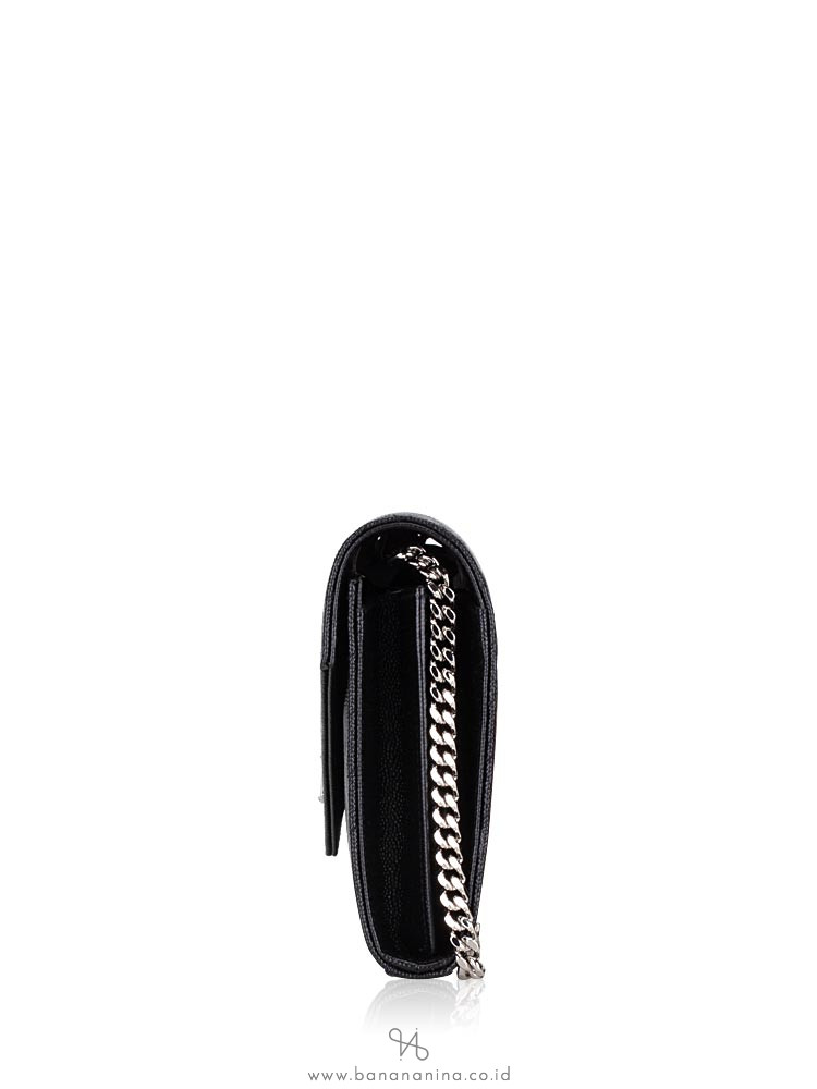 SAINT LAURENT Grain De Poudre Matelasse Monogram Chain Wallet Black Silver